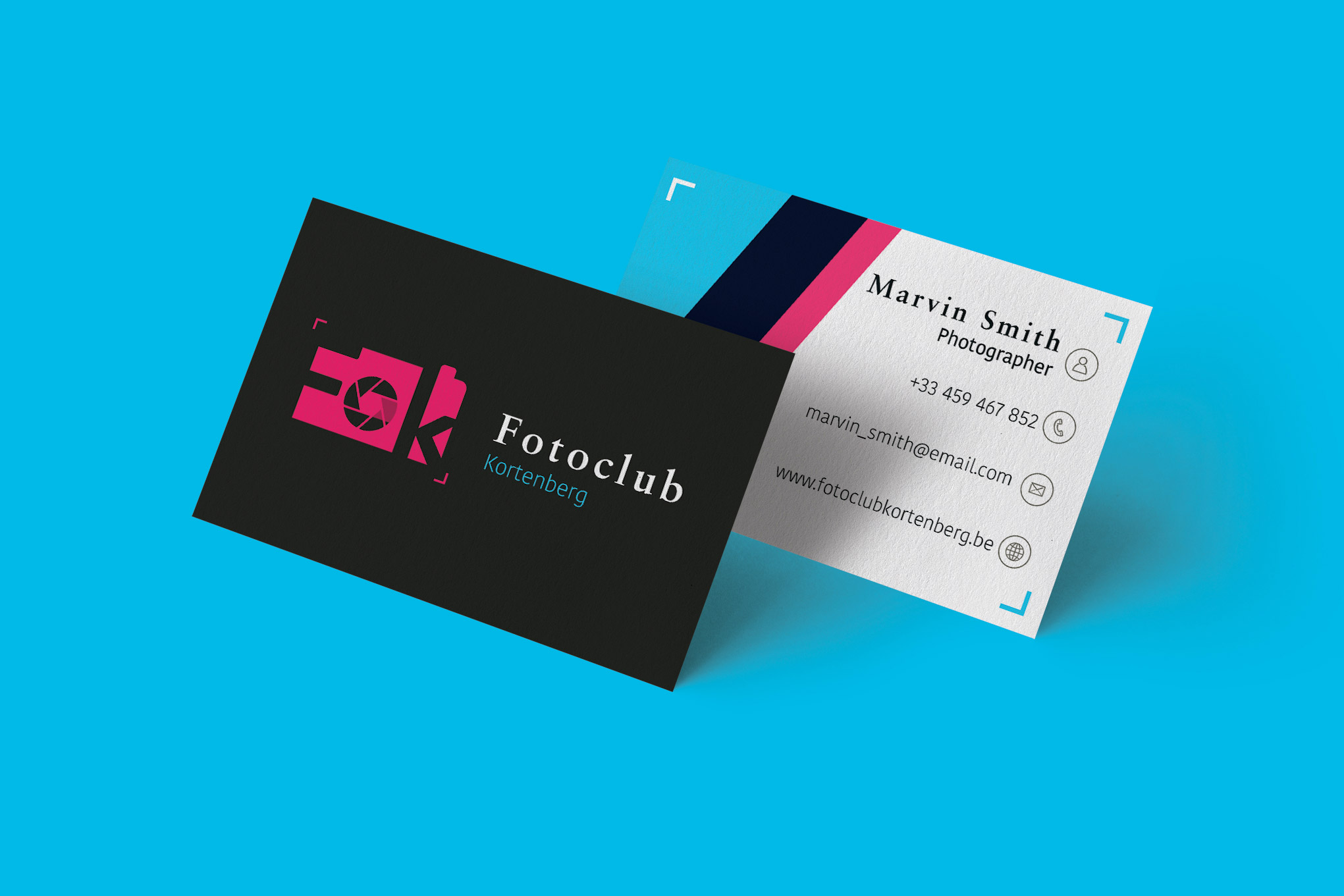 Business cards with blue, red and dark