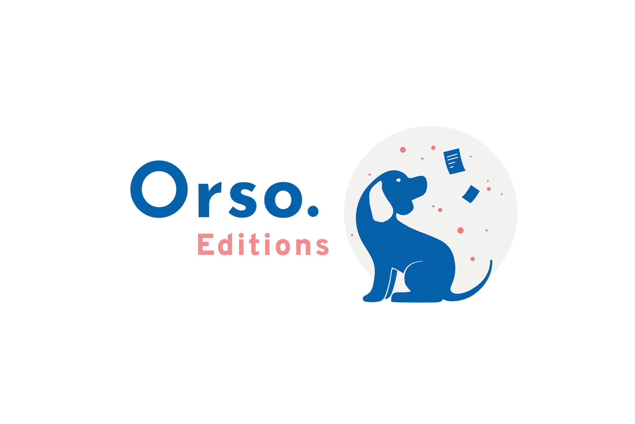Logo of a blue dog watching papers flying