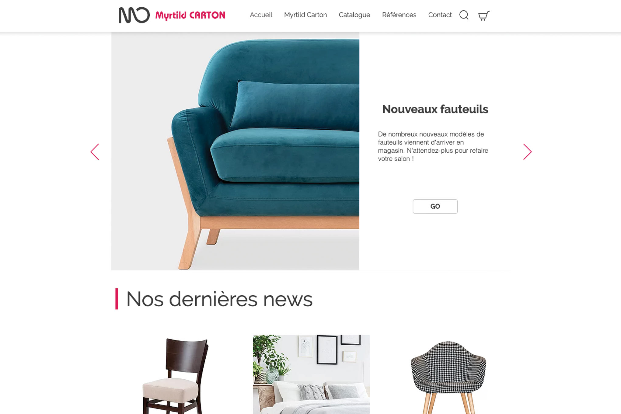 Website homepage with a green sofa.