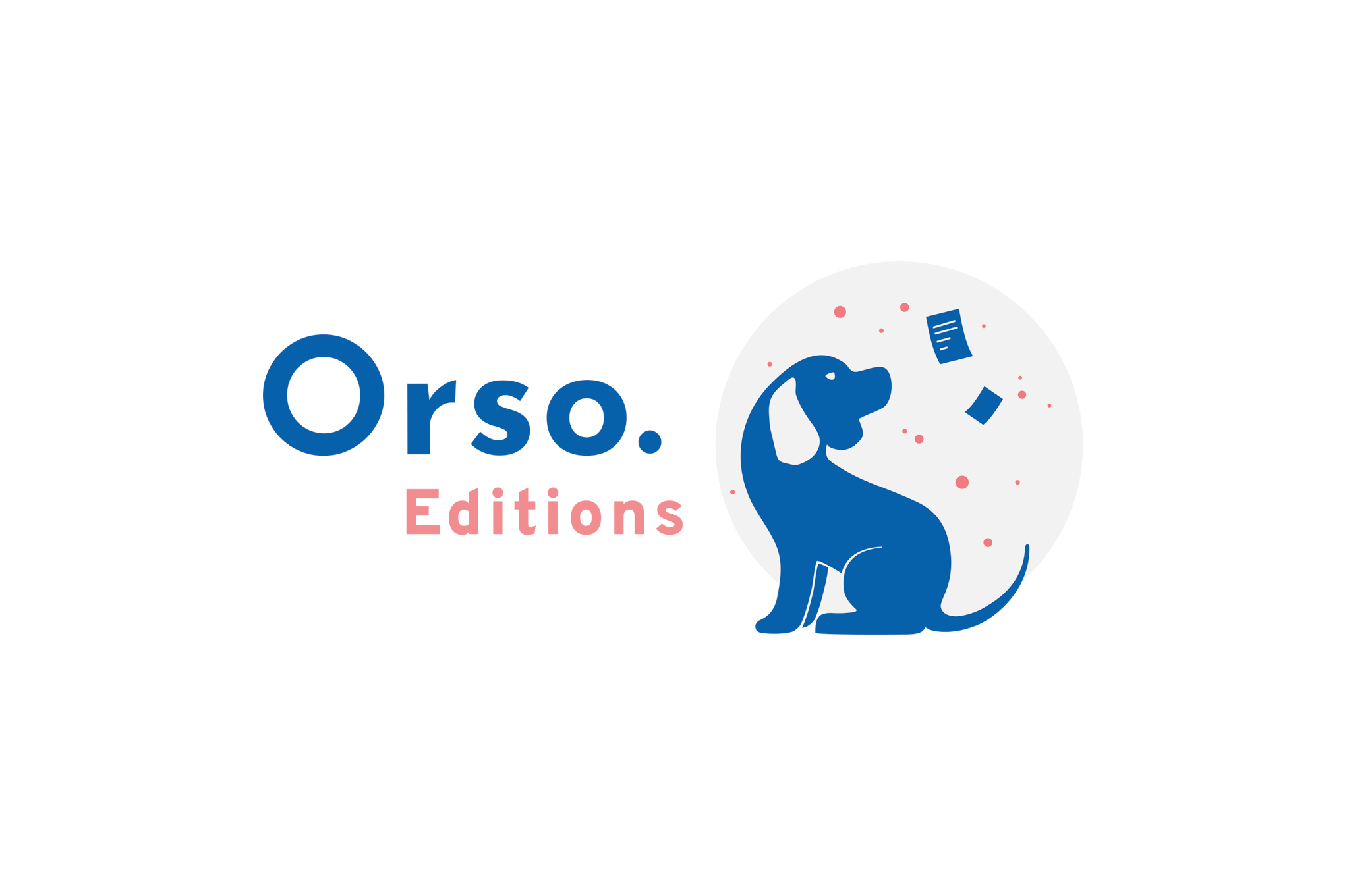Logo of a blue dog with papers falling