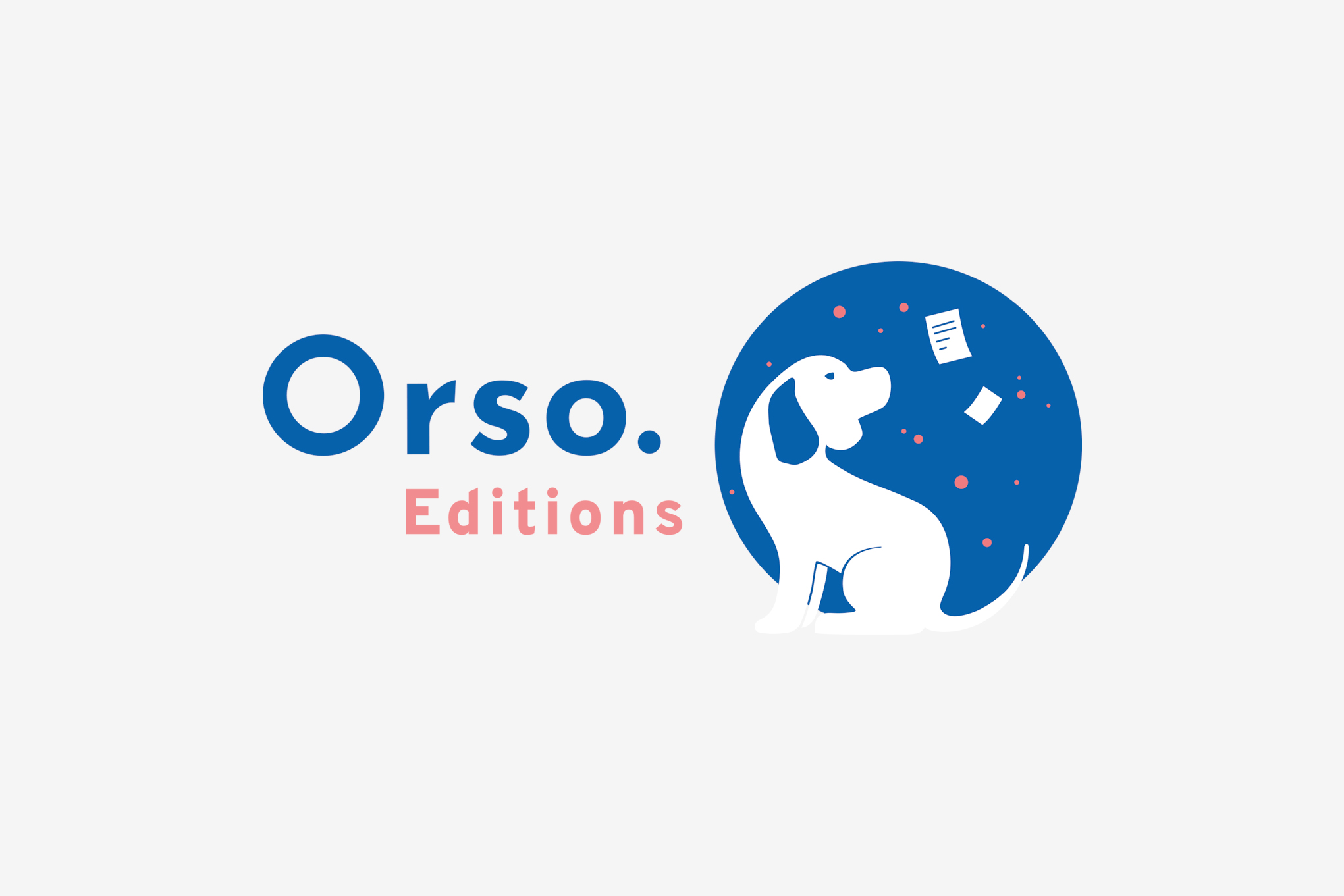 Logo of a dog with papers falling on grey background