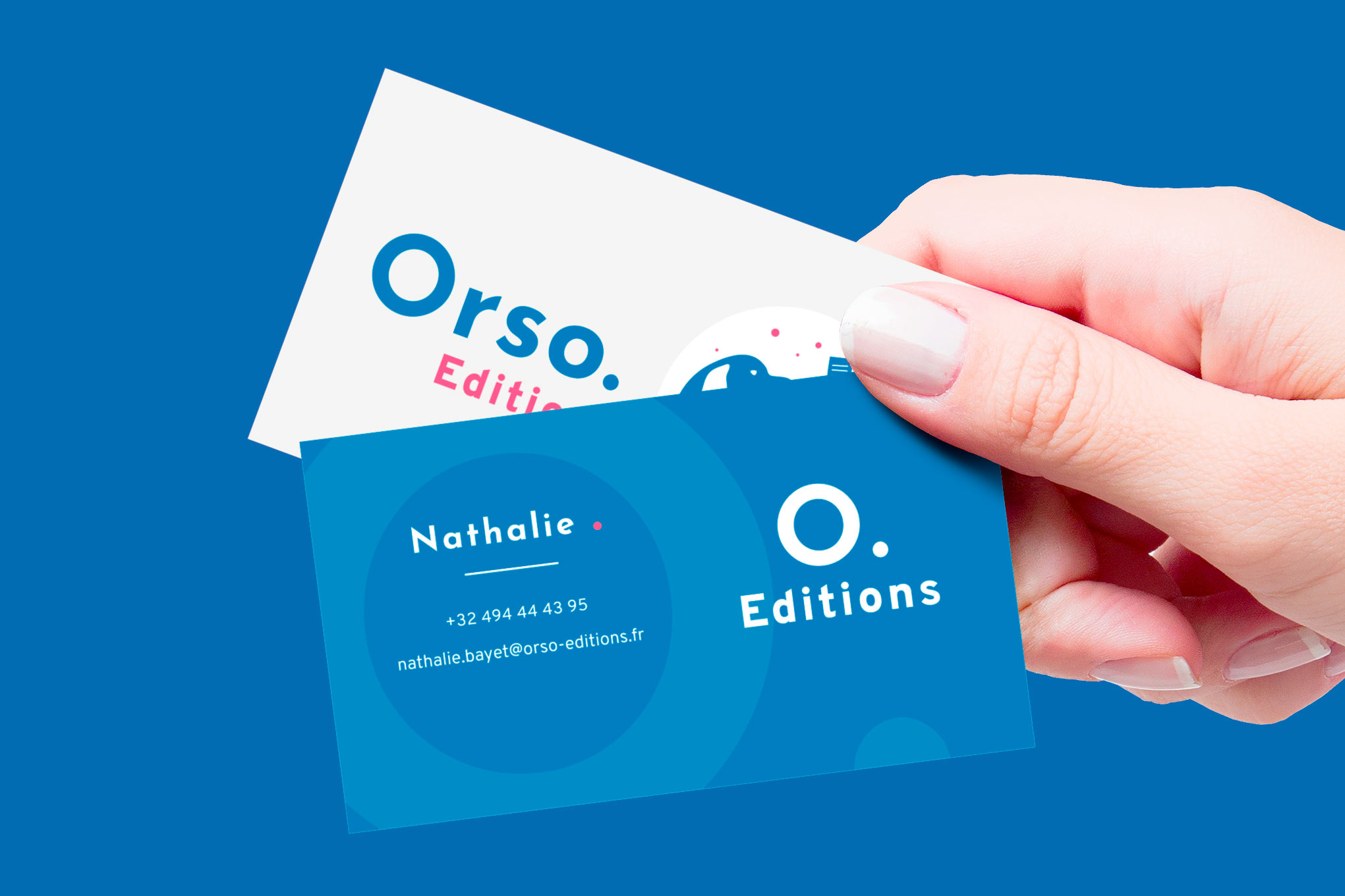 Business cards of Orso Editions with blue as the main color