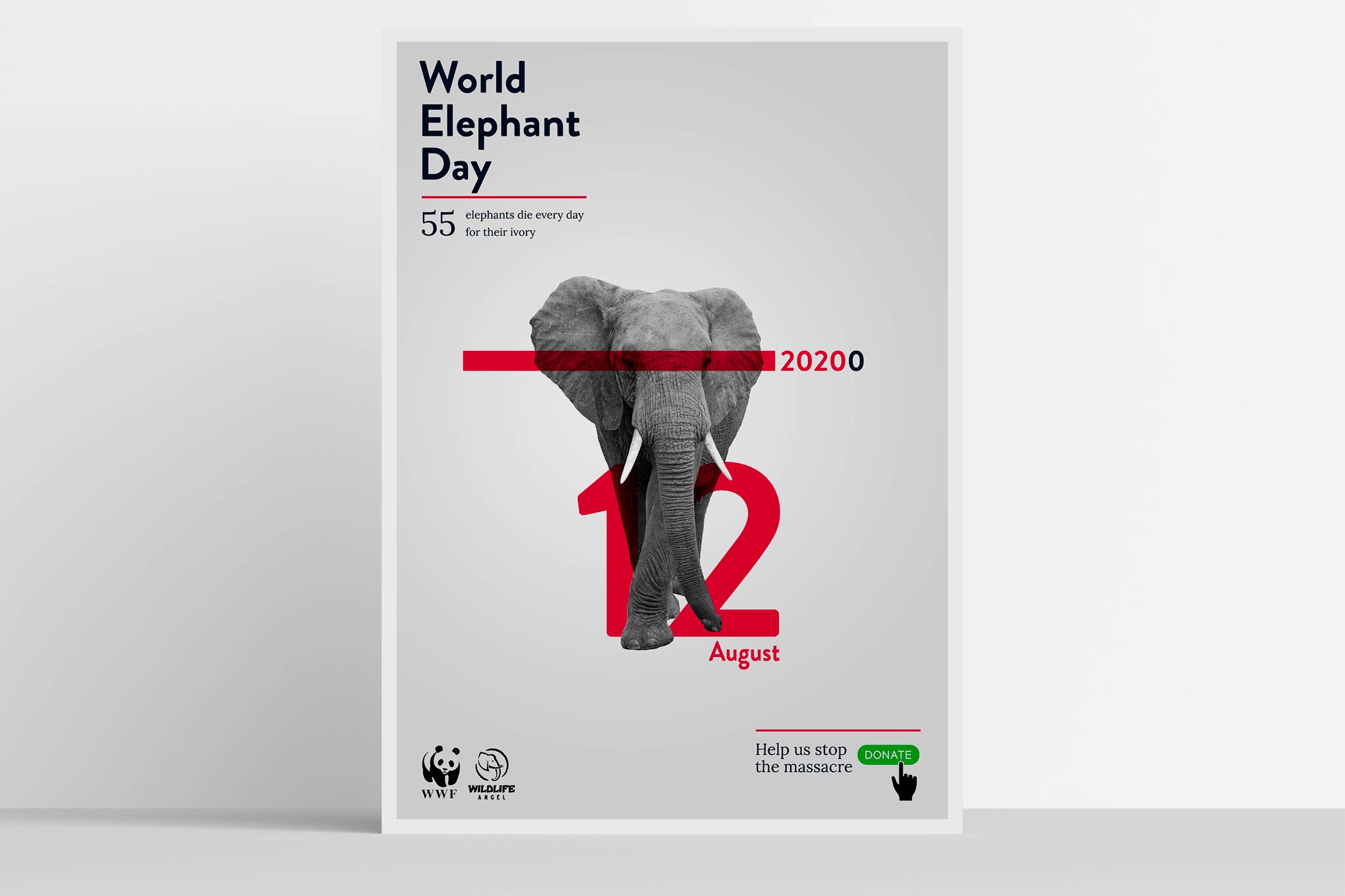 Poster of an elephant with a red line on his eyes on a grey background