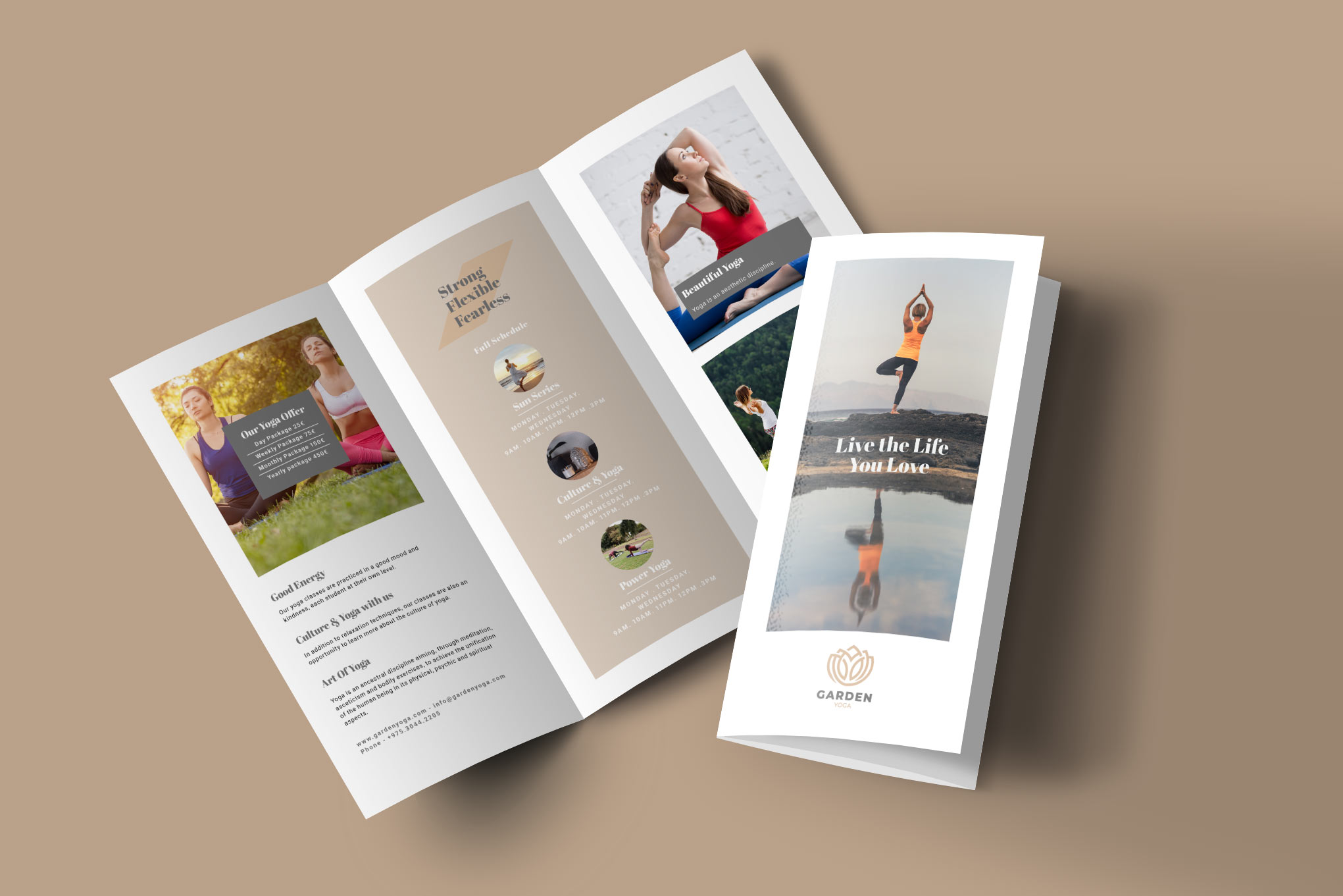 
      Tri fold flyer for yoga classes