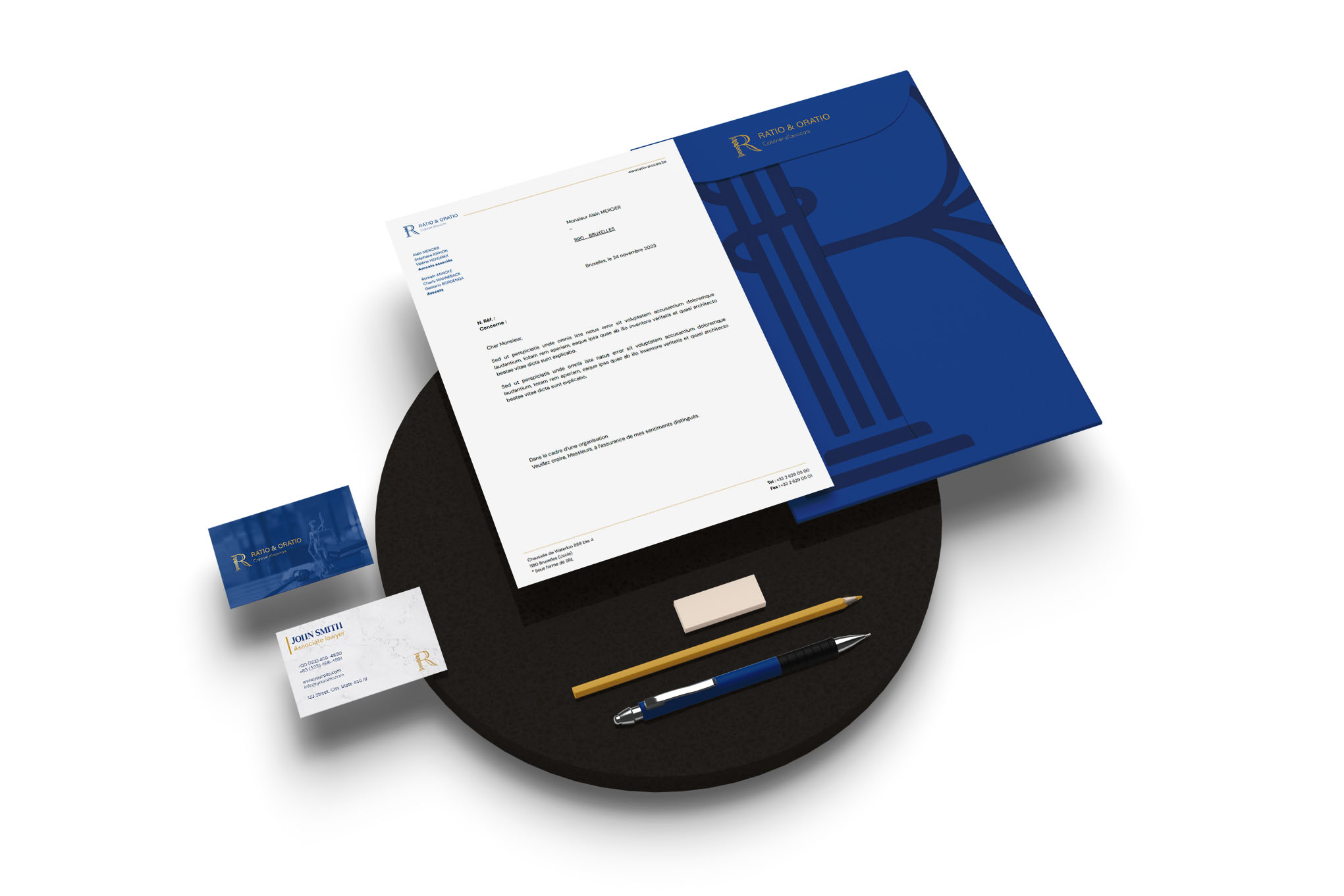 Pen, business cards and folder