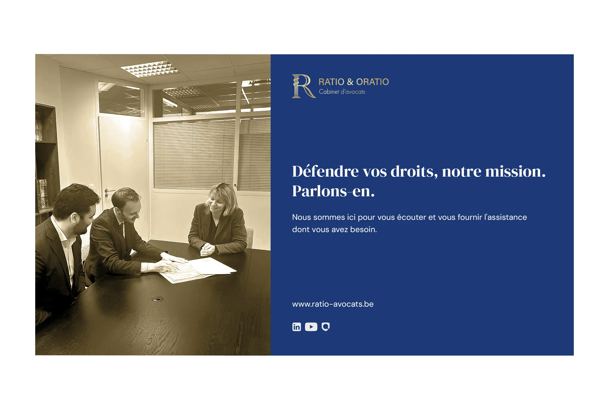 Lawyers next to a blue rectangle with a gold logo