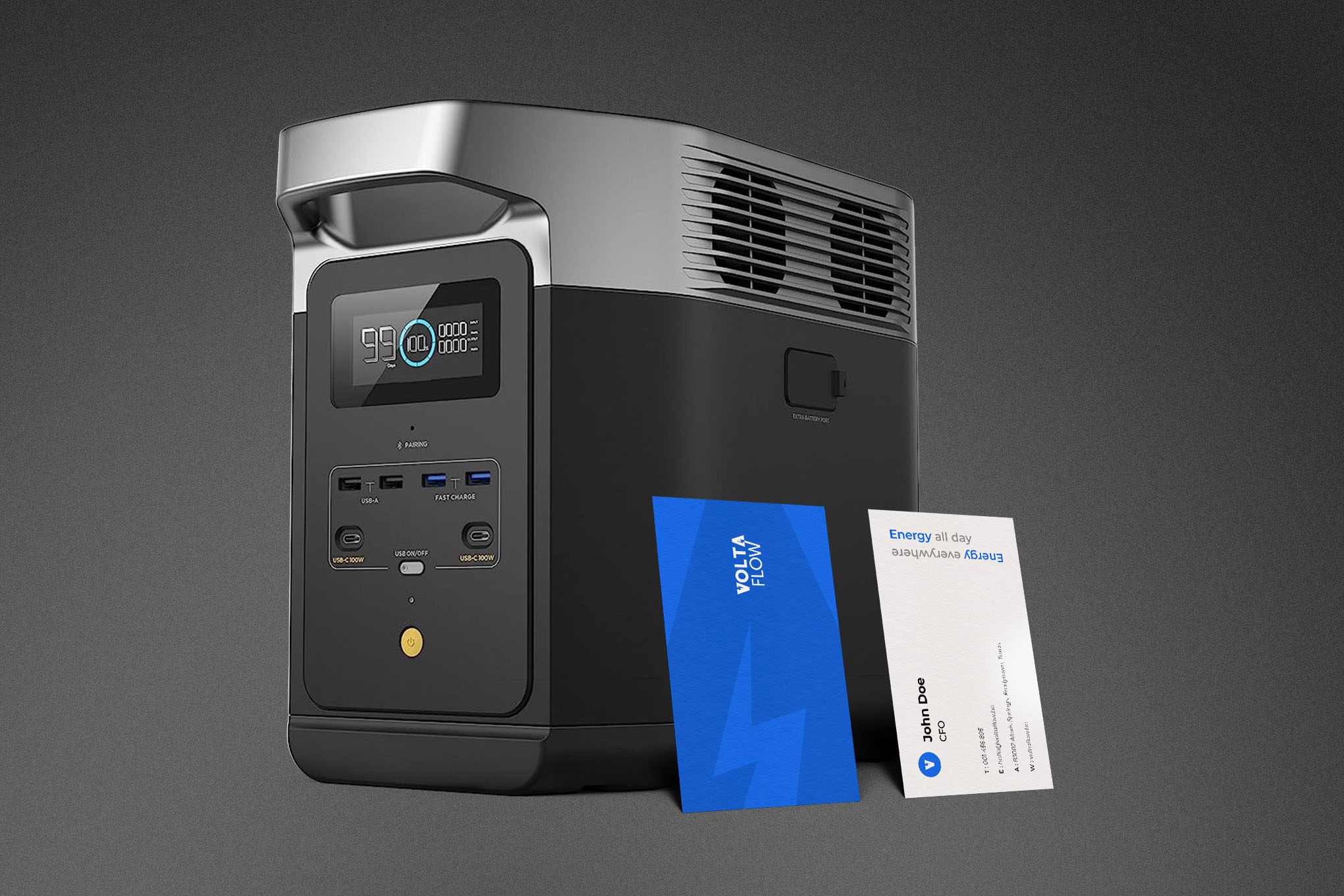 Business cards held by a portable power station