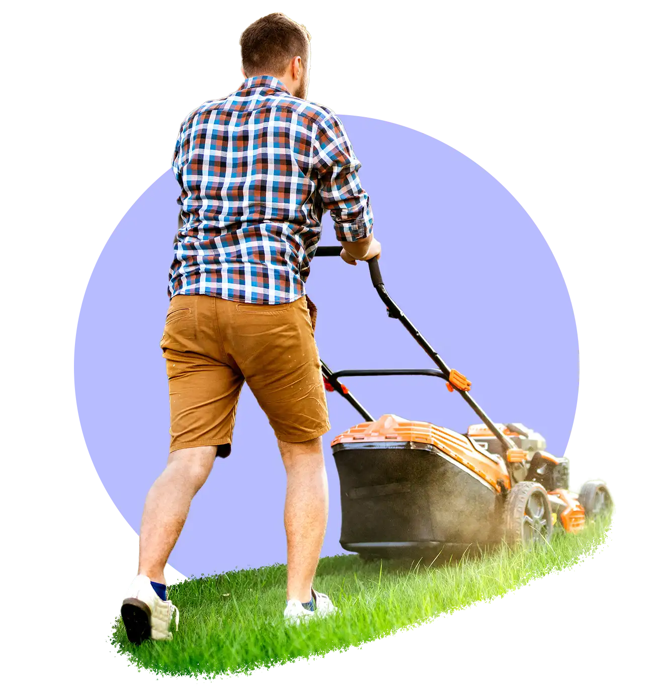 Man with short mowing his garden